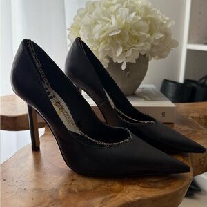 Elegant Black Zara Heels with Gold Ankle Chains